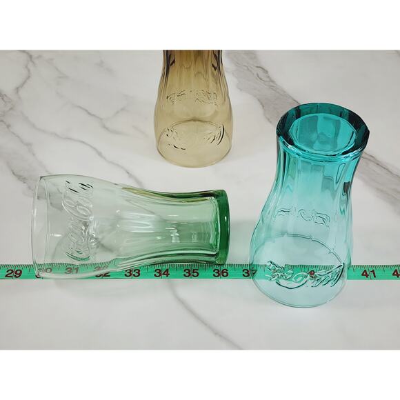 Coca Cola Libbey Drinking Glasses 17oz Embossed 6" Retro Green Blue Brown x3 - Picture 13 of 13